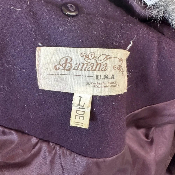 BANANA USA Fur Collar Purple Lined Coat Jacket w Ruffle Tie Belt Size Large - Picture 16 of 16